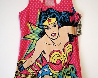 Wonder Woman Vintage Classic DC Comics Image Pink Poc-a-dot Stretchy Tank Top- Size Women's Small (Cotton/Spandex)