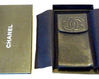 Chanel Caviar Leather Case Pouch Chanel CC Logo Excellent For Smart Cellular Mobile Phone Eyewear Authenticity Card Italy Vintage Retired