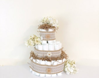 3 Tier Burlap And Lace Diaper Cake Fall Rustic Baby Shower 3 Tier Burlap And Lace Diaper Cake Fall Rustic Baby Shower