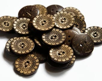 10 Buttons 25mm - 1 Inch Carved Coconut Shell Buttons - Brown Natural Wood Button Flower Button Flower - Large Buttons Wooden - Wood Buttons