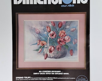 SPRING TULIPS Cross Stitch - Kit By Barbara Mock for Dimensions - Pinks, Greens, Blue, Lavender - 1986