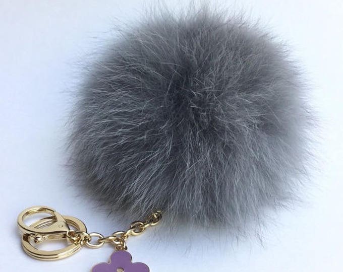Light Gray Fox Fur Pompom bag charm pendant Fur Pompoms keychain with flower clover charm