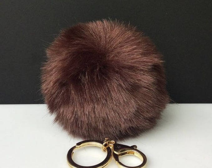 NEW! Faux Rabbit Fur Pom Pom bag Keyring Hot Couture Novelty keychain pom pom fake fur ball in brown