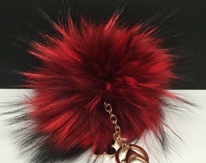 Extreme Red Raccoon Fur Pom Pom luxury bag pendant flower keychain charm with natural black markings