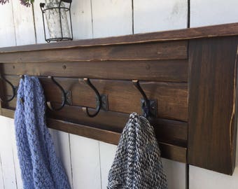 Rustic Wooden Coat Rack, Modern Coat Rack, Rustic Entryway Shelf, Wood Shelf with Hooks,40", 34" and 28" Lengths Available! - Espresso Stain