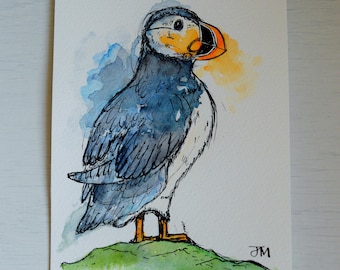 Unique Hand-painted Puffin - Ink and Watercolour