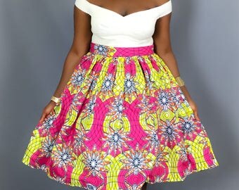 African pink print full midi skirt with pockets, dresses,Ankara skirts,dashiki,robe wax ,African print skirts,maxi skirts ,midi skirts