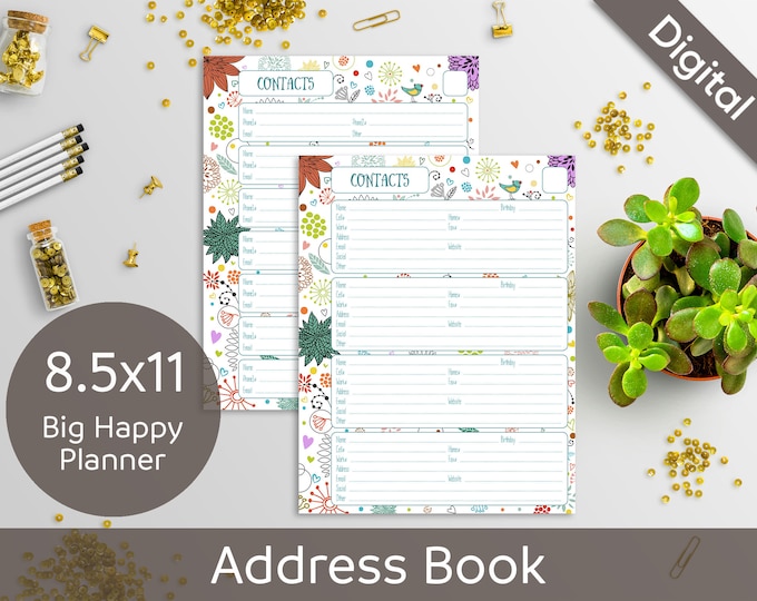 8.5x11 Address Book Pages Printable, Contacts, Letter, Big Happy Planner, 2 layouts, Syasia Cute Floral, DIY Planner PDF Instant Download