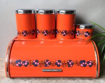 Vintage Brabantia Diane Bread Box/ Bin + Canisters Set Retro Orange Flowers. 70's Dutch Kitchenware