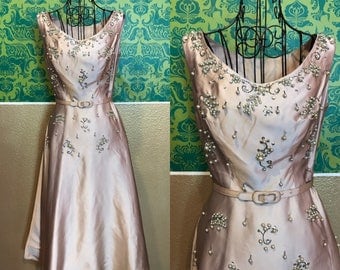 Vintage 1950s Dress - Beaded Silk Party Dress - XS