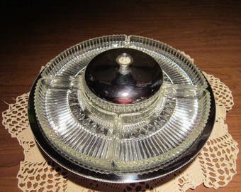 Lazy Susan Relish Dish Vintage 1960's Rotating Stainless 5 Section Molded Glass Vegetable Serving Dining Hors dourves Tray- Kit0691