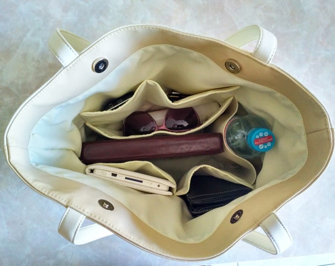 Large tote bag, Organizer bag, Vegan Leather tote, White Summer bag