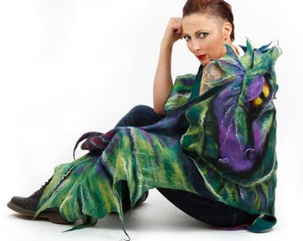 Dragon shawl / Wings shawl / Silk scarf / Nuno felting / Handmade felted scarf / Merino wool / Scarf wings/ Made to Order/ / Free shipping.