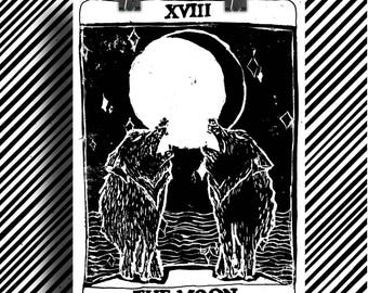 Linocut Tarot Card the Moon / original / 24 x 32 cm / A4 size / 11.93 x 15.98 inches / Arcane XVIII the Moon