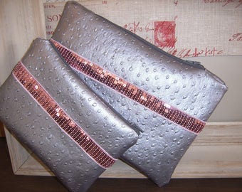 Set of 2 pouches faux ostrich leather silver