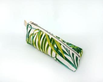 Palm leaf pencil case, Green pencil pouch, Trousse, Tropical print, Green leaf pouch, Triangle pencil holder, Leaves pen bag, Accessory case