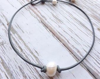 Grey Leather and Pearl Choker Necklace ~ Single White Freshwater Pearl Necklace