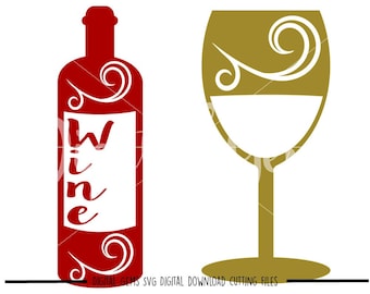 Wine bottle and glass svg / dxf / eps / png files. Digital download. Small commercial use ok.