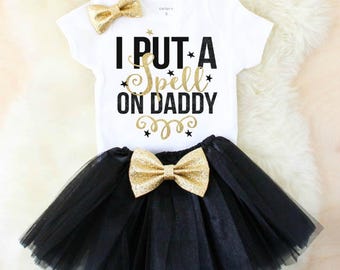 baby girl clothes halloween outfit - baby halloween outfit - baby girl first halloween - baby girl halloween shirt - put a spell on daddy