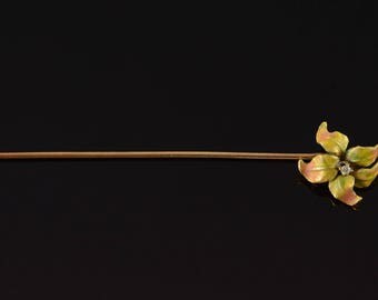 14k Diamond Accented Yellow Green Pink Flower Stick Pin Gold