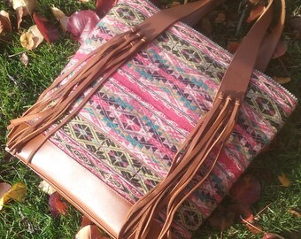 Handmade leather and handwoven tote bag