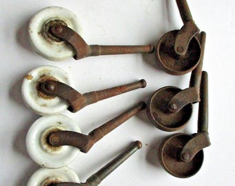 7 Antique Cast Iron Caster Furniture Bed 4 Porcelain Wheels 3 Iron Wheels Vintage Hardware Casters
