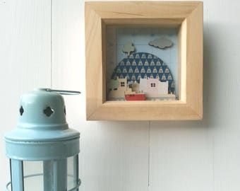 Mini Diorama - Wooden Picture - Harbour Diorama - Hand Printed and Painted on Wood - 3d Picture - Nautical Picture - Harbour Picture