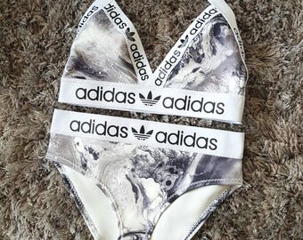 Reworked Black & white adidas bikini set