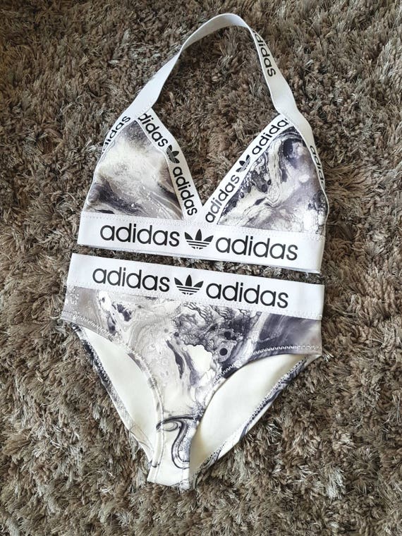 Reworked Black & white adidas bikini set