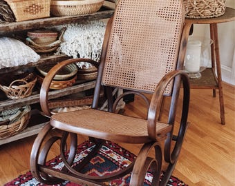 Bentwood Cane Rocker, Brown Bentwood Rocking Chair, Cane Rocker, Cane Chair, Bentwood Thonet Style Rocker, Cane Seat