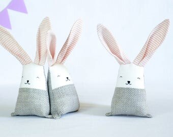 Blush coral bunny rabbit, linen stuffed baby toy. Gift for new mom, baby shower basket, baby nursery decor, crib toys, pastel toys, jumata