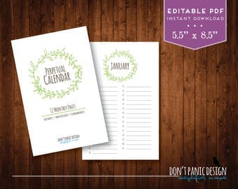 Printable Perpetual Calendar - Editable Pdf Calendar - Eternal Birthday, Anniversary Calendar - Eternal Planner - Instant Download PDF