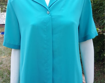 Vintage TEAL Button Up Short Sleeves Blouse