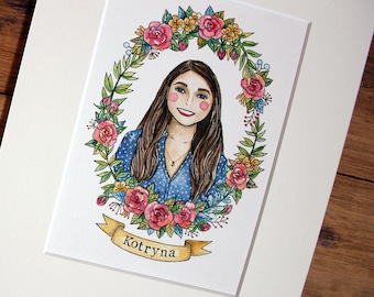 Custom portrait, Custom illustration, Cute portrait, Gift for her, Mounted portrait illustration, Original illustration, Mini portrait.