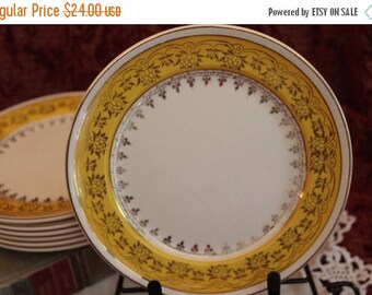 SALE Set of 7 Universal of Cambridge Camwood Ivory Salad Plates - UNI187, Yellow with Gold Filigree