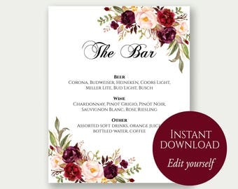 Bar Menu Sign, The Bar Sign, Bar Menu Printable, Drinks Sign, Bar Menu Template, Editable Drinks Sign, Editable Bar Menu, Marsala Wedding