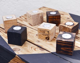Photophore en bois massif, cube de bois pour bougie - wooden tea light holder -