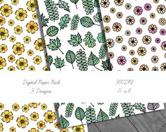 Flowers and Leaves Digital Paper, Nature Paper, Scrapbooking Paper, Digital Scrapbook Paper, Flower Paper, Leaves Paper, Multicoloured Paper
