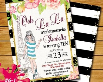 Paris Birthday Gold Peonies Invitation, Eiffel Tower Invite, Paris Invitation, French Party Sweet, Girl Invitation, American Girl in Paris