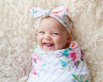 Swaddle blanket + optional baby knot hat or headband, baby girl gift, baby shower gift, Bouquets on Gray, floral baby, new mom gift