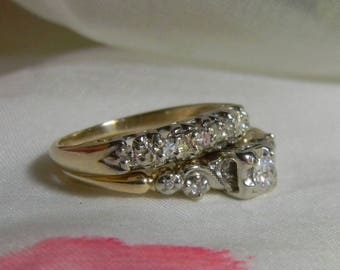 Art Deco Diamond Engagement Wedding Ring Set - Vintage Diamond Engagement Ring Two Tone 14K - Art Deco Diamond Ring 14K