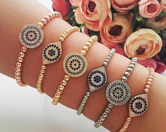 PROMO Evil eye bracelet, silver rose gold evil eye bracelet, beaded evil eye bracelet, nazar boncuk bracelet, evil eye jewelry, round oval b