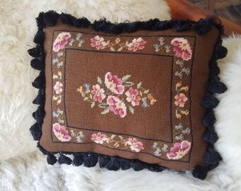 Vintage 1940s 1950s needlepoint cross stitch black Brown couch pillow floral fringe victorian style