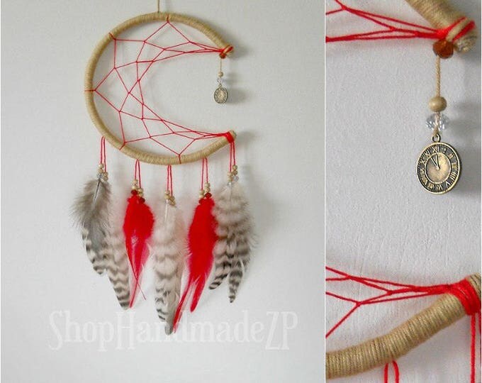 Red dream catcher moon boho dreamcatcher red home decor red wall hanging dream catcher small dream catcher fire dream catcher red suede