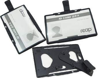 5 Pcs 2 in 1 ID Card Badge Holder Business Clip Horizontal Vertical Black Case Open Faced OS055