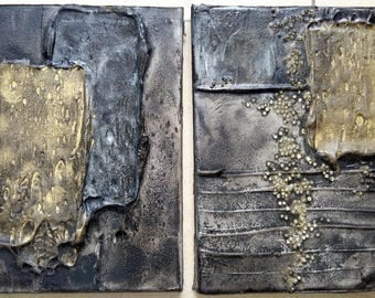 Acrylic painting canvas set 2 x 24 x 18 black gold structures trowel painting