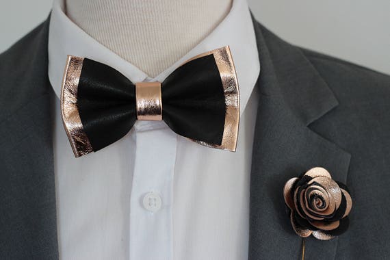 Rose Gold and black leather bow tie for menboys rose gold