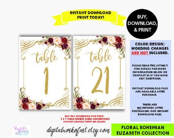 Wedding Table Numbers, Printable Table Numbers, Numbers 1-40, Boho Chic Wedding Decor, Floral Table Numbers, 5x7, Banquet Table Numbers, #LC