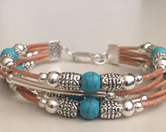 Beaded leather bracelet/Women's leather bracelet/Bohemian jewelry/Gemstone bracelet/Silver plated leather bracelet/Fashion jewelry
