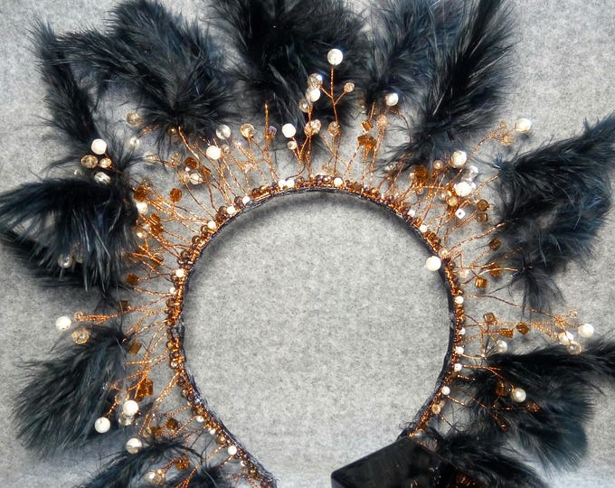 Black feather Headpiece Evil Queen Crown Black Halo headband lolita headdress costume hair accessory steampunk headpiece with feather